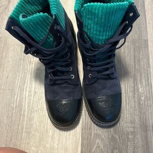 Chanel Teal and Navy Lace-Up Boots